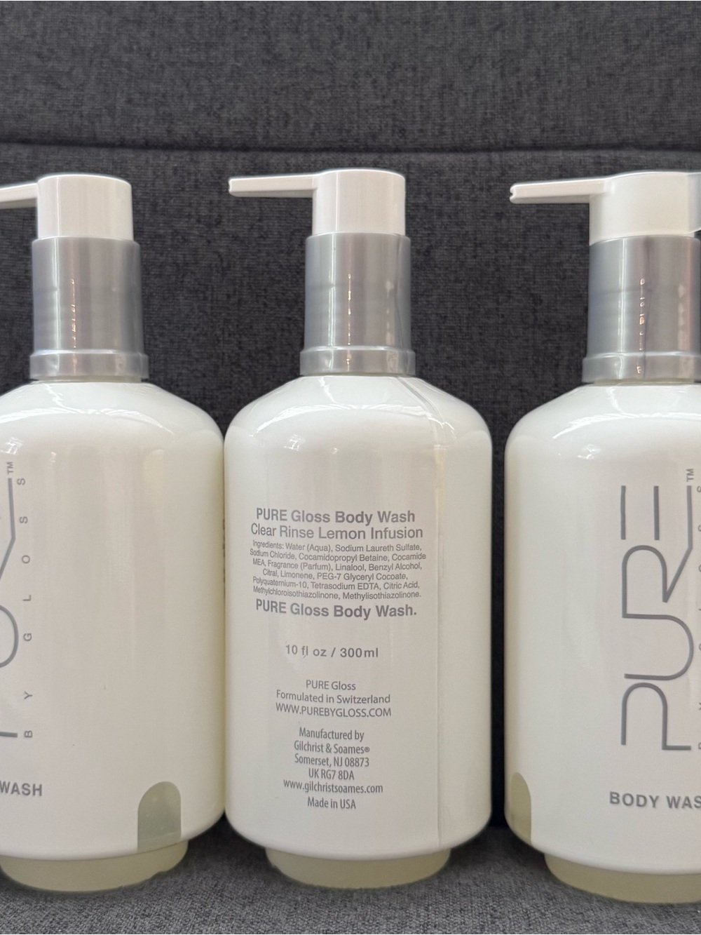 3 bottles of Gilchrist & Soames Pure by Gloss Body Wash - White Pump Bottle